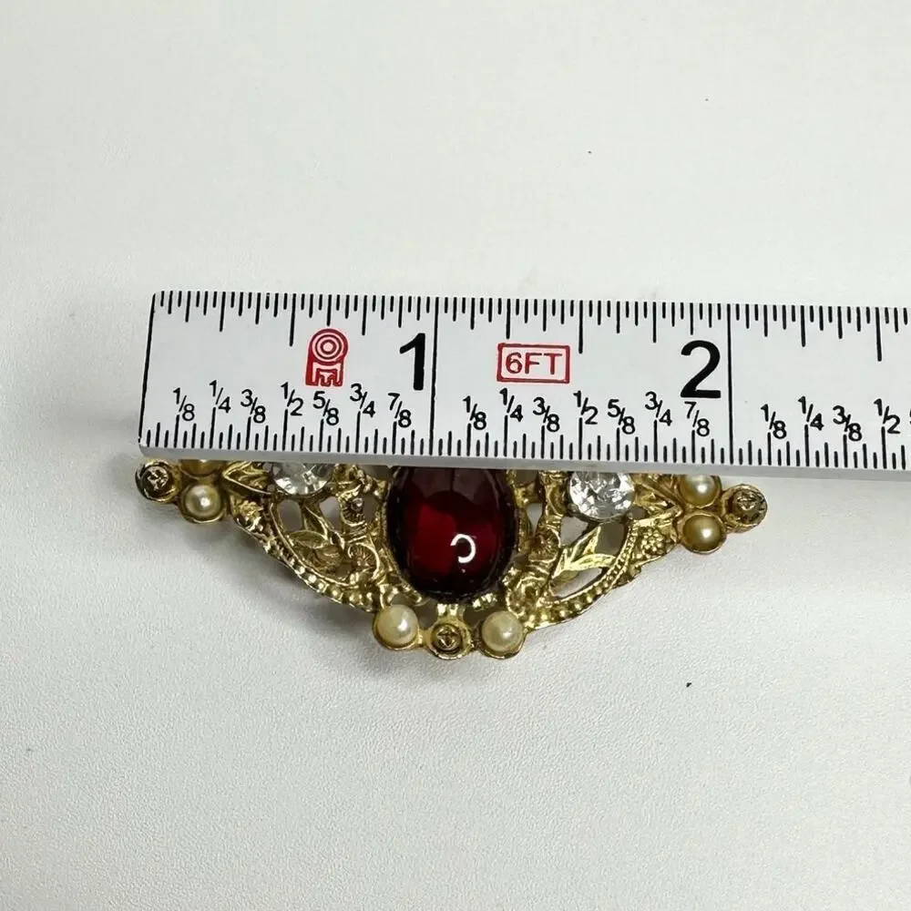 Vintage Red Gem Pearl Brooch Victorian Style Pin Gold Filigree with Crystals